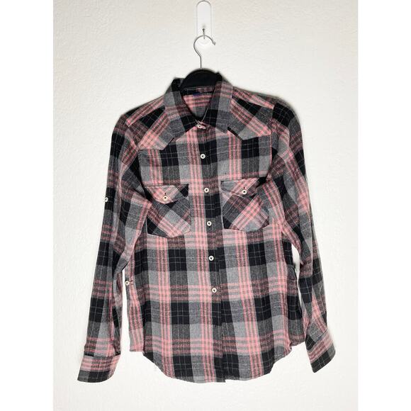 Design In Italy Luxury Women's Plaid Flannel Pink Gray Button Up Roll Tab Sleeve - Picture 1 of 12